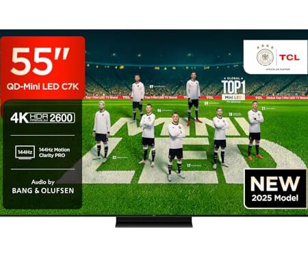 TCL 55C7K QD-Mini LED Fernseher, 55 Zoll, 4K HDR Premium, Dolby Vision IQ & Atmos, Smart TV mit Google TV, 144Hz, HDMI 2.1, AMD FreeSync Premium Pro, AirPlay 2, Google Assistant...