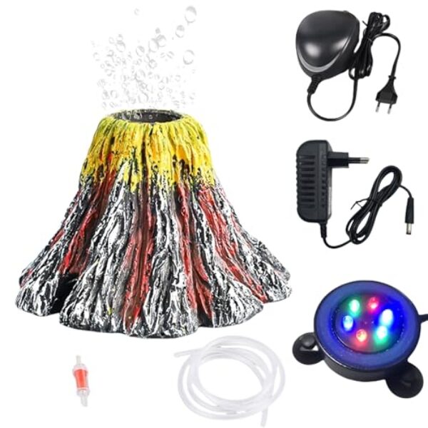Aquarium Vulkan Ornament Kit mit Luftpumpe, LED-Licht Farbwechselnden Aquarium Volcano Deko-Set für Fischtank, Ornament Fisch Tank Decor