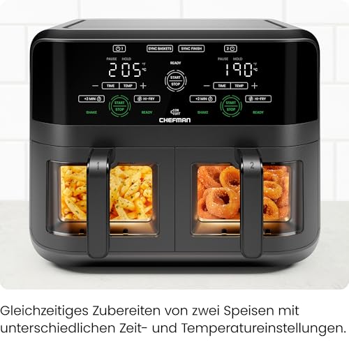 CHEFMAN 5,6 Liter Doppelkorb- Heißluftfritteuse mit Easy-View-Fenster, Sync-Finish, Hi-Fry, automatische Abschaltung, spülmaschinenfest, 2100W, digital - Schwarz – Bild 3
