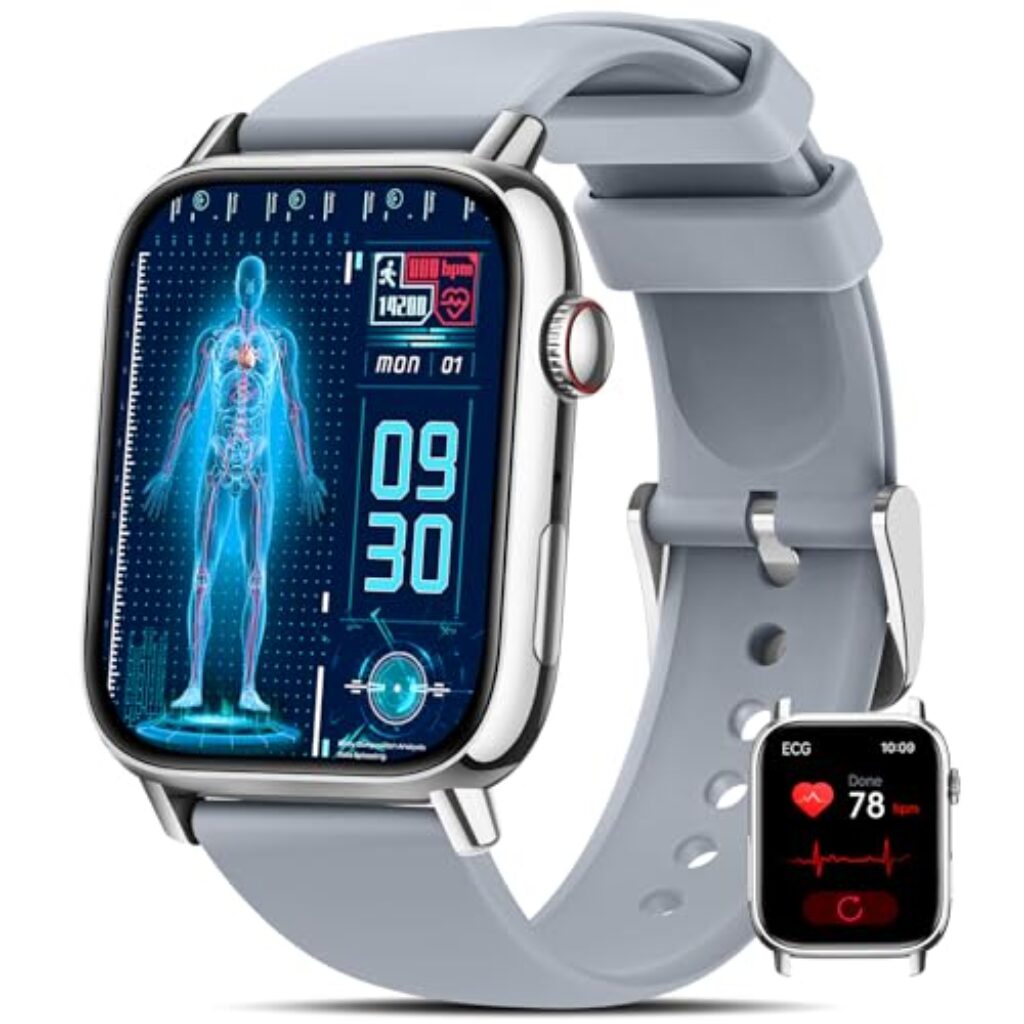 DEKELIFE Smartwatch Herren Damen mit ΒΙυτzυcker/EKG/HRV/ 1.83″ Fitness Gesundheitsuhr mit 24h Herzfrequenz/Blutdruck/SPO2/Schlaf/SOS-Notruf, 145+ Sportmodi Fitnessuhr Schrittzähler iOS Android Silber