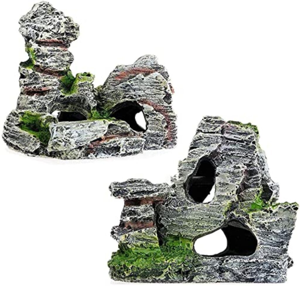 2pcs Aquarium Rock Cave Dekoration mit Grün Gras für Fische Garnelen Verstecken Aquarium Dekoration Harz Aquarium Zubehör,Aquarium Harz Höhle Mountain View, 11 x 9 x 11 cm, 10 x 5,5 x 10 cm.