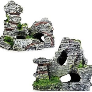 2pcs Aquarium Rock Cave Dekoration mit Grün Gras für Fische Garnelen Verstecken Aquarium Dekoration Harz Aquarium Zubehör,Aquarium Harz Höhle Mountain View, 11 x 9 x 11 cm, 10 x 5,5 x 10 cm.