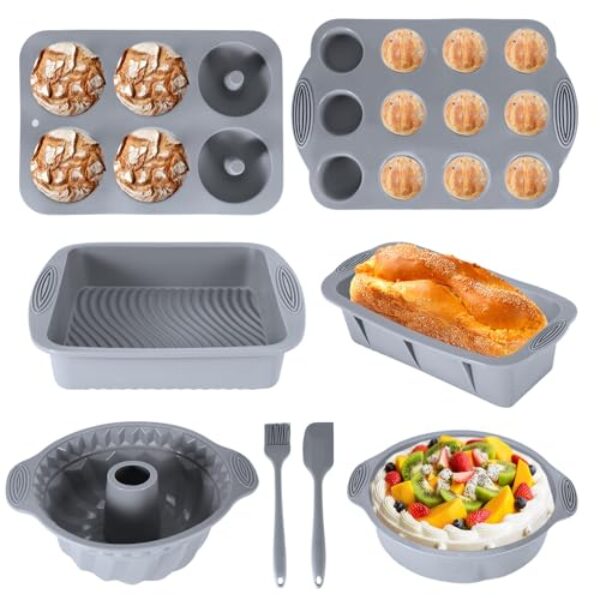 Silikon Backformen Set, 8 Stück silikon backform gugelhupf Brotbackform Kuchenform Muffinform, springform backform mit Teigschaber und Backpinsel für Backen Brot Toast Kuchen Cupcake Muffin