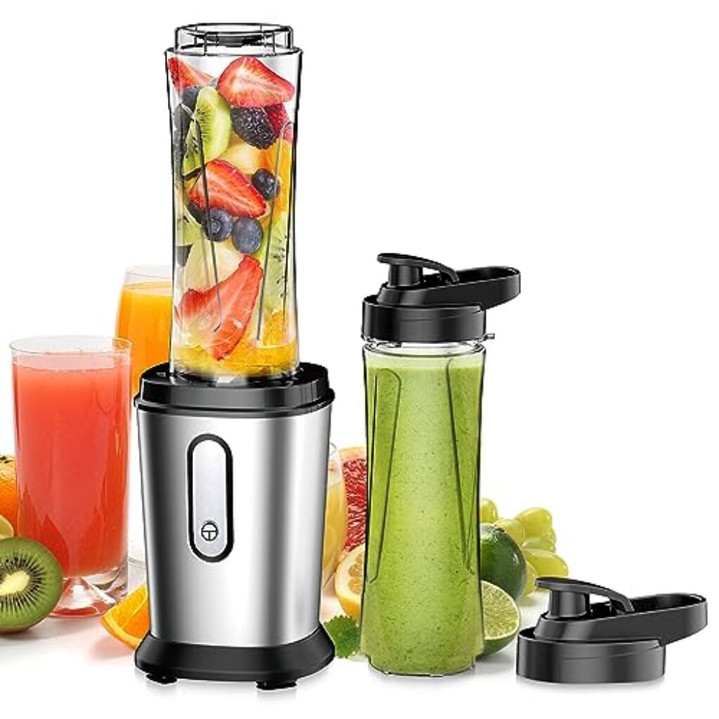 Mixer, 500W Mini Standmixer & Smoothie Maker mit 2x600ml Flaschen BPA frei Tritan, Tragbarer Mixer Smoothie Maker aus Edelstahl 4-Blatt für Shake, Smoothie, Silber