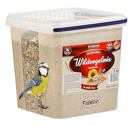 Fidelio Wildvogelfutter, Wildvogelmix, ganzjähriges Wildvogelfutter proteinreich / energiereich, hochwertiges Vogelfutter für Wildvögel, im Eimer, 3 kg