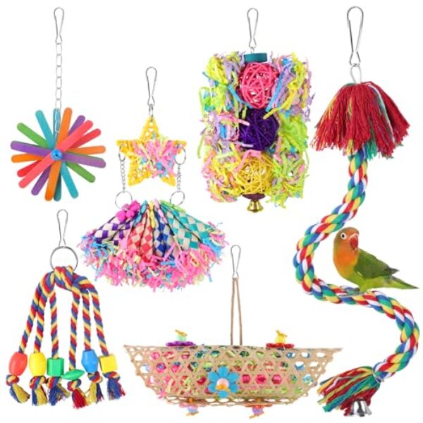 Pethee 6 Stück Vogelspielzeug, buntes Vogelkauen Wellensittich-Spielzeug, papageienspielzeug, Vogel Zerkleinerungsspielzeug Käfig-Hängespielzeug für Sittiche Nymphensittiche Conures Unzertrennliche