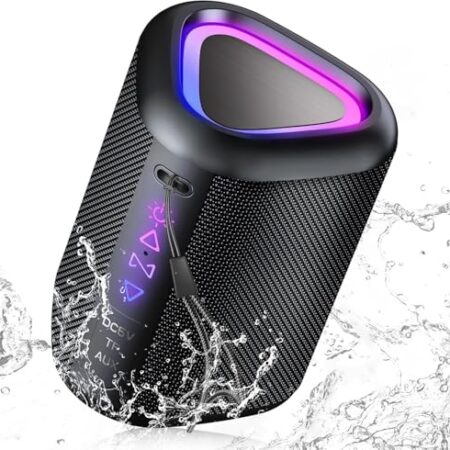 aowoka Bluetooth Lautsprecher mit Licht, 2025 Musikbox Tragbarer Box, Bluetooth 5.4, 30 St, Verbesserter Bass, IPX7 Wasserdicht, Outdoor Lautsprecher für Reisen, Sport, Party, Radfahren