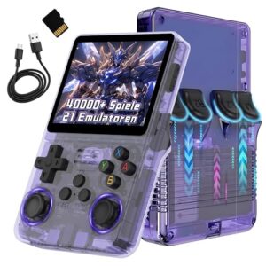 XIXIMENG R36S Retro Handheld Spielkonsole für unterwegs,40000+ Spiele Retro Konsole,21 Emulatoren,ARKOS Open Source Linux System,3,5 Zoll IPS Bildschirm 640x480P,3500mAh (Transparent Violett)