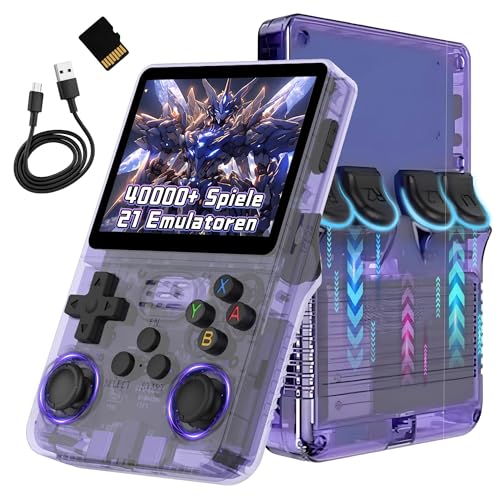 XIXIMENG R36S Retro Handheld Spielkonsole für unterwegs,40000+ Spiele Retro Konsole,21 Emulatoren,ARKOS Open Source Linux System,3,5 Zoll IPS Bildschirm 640x480P,3500mAh (Transparent Violett)