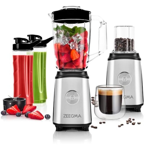 ZEEGMA Vitamine Multifunktion 4-in-1 Standmixer 1050W mit 1L Krug, Elektrischer Juicer Blender, Smoothie Maker mit Safe Lock, Kaffeemühle, Kreuzklingen, 2x Klingen-Sätze (1l 1050W)