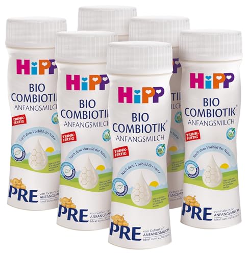 HiPP PRE Bio Combiotik trinkfertig (6 x 200ml), Anfangsmilch von Geburt an, enthält nur Lactose als Kohlenhydrat, in bester Bio-Qualität