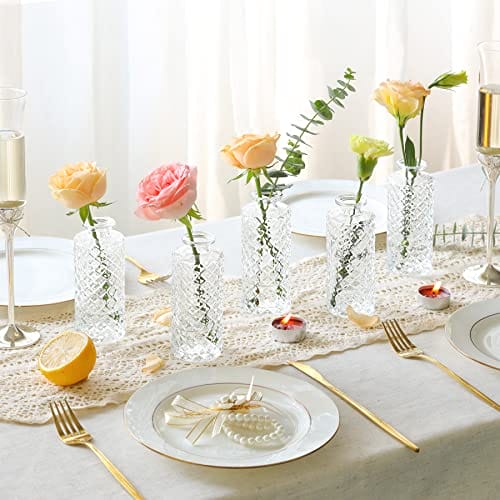 ComSaf Vase Klein Set 6-Teilig, Blumenvase, Vasen Deko Set, Kleine Glasvasen für Tischdeko, Mini Vasen Glas, Hochzeitsdeko, Diamant Knospenvasen, Teelichtgläser, 13cm Hoch, Transparent – Bild 4