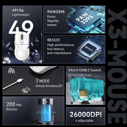 ATTACK SHARK X3 49g Ultralight Mouse, PixArt PAW3395 Gaming Sensor, BT/2.4G Wireless/Wired Gaming Mouse, 26000 DPI, 200 Hours Battery, Office Mice for Win11/Xbox/PS/Mac (White) – Bild 4