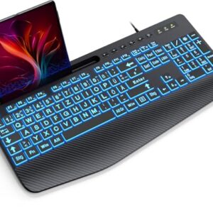 SABLUTE Tastatur Beleuchtete Kabel USB PC Ergonomische Tastaturen Hintergrundbeleuchtete Computertastatur mit großem Druck, 7-Farbiger Hintergrundbeleuchtung,Telefonhalter, gut lesbar