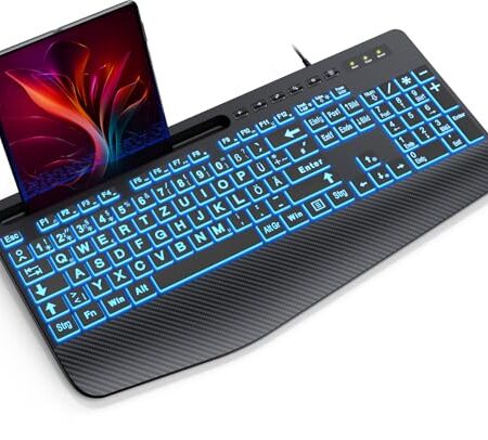 SABLUTE Tastatur Beleuchtete Kabel USB PC Ergonomische Tastaturen Hintergrundbeleuchtete Computertastatur mit großem Druck, 7-Farbiger Hintergrundbeleuchtung,Telefonhalter, gut ...