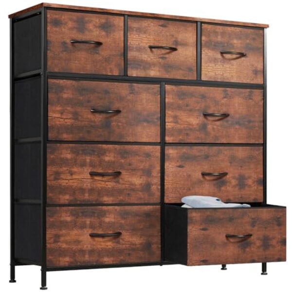 DUMOS Kommode mit Schubladen – Kommoden&Sideboards für Schlafzimmer Geeignet, Komodenschrank mit 9 Schubladen, Stoffkommode mit Stabilem Stahlrahmen, Ideal für Schlafzimmer, Wohnzimmer (Vintagebraun)