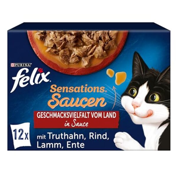 PURINA FELIX Sensations Saucen Geschmacksvielfalt vom Land Katzennassfutter 12x85g Portionsbeutel