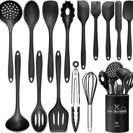 Wildone 15-teiliges Silikon Küchenutensilien-Set, Hitzebeständig, Spülmaschinenfest, Antihaftbeschichtet (Schwarz)