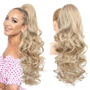 Brikabia Pferdeschwanz-Verlängerung, 61 cm, Haarklammer, Pferdeschwanz-Verlängerung, lang, gelockt, gewellt, Pferdeschwanz-Haarverlängerung, Kiefer-Clip, natürliches Haarteil für Frauen, Mittelblond