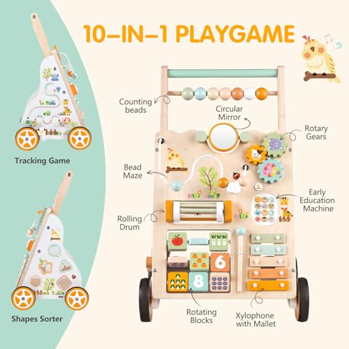 Baby Holz Lauflernwagen mit Rädern – Montessori Lauflernspielzeug für Mädchen & Jungen ab 1 Jahr – Schiebewagen mit Aktivitätscenter, Verstellbarer Lernspielzeug für Kleinkinder (Natürliche) – Bild 3