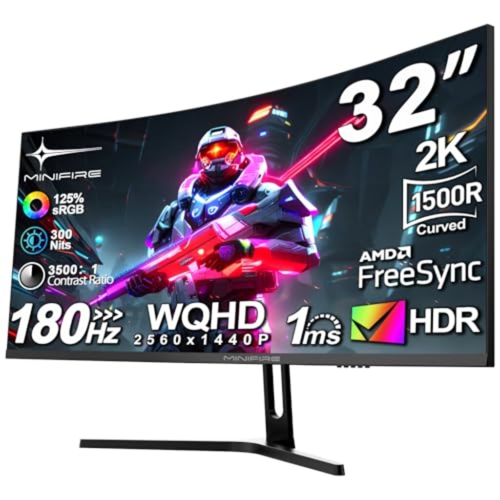 Minifire Gaming Curved Monitor 32 Zoll 180Hz, 2K WQHD(2560 x 1440), 1500R,1ms(MPRT), AMD FreeSync, sRGB 125%, VESA,2xHDMI 2.0 / 2xDP (180Hz), Augenpflege – MFG32C3Q