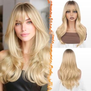 BARSDAR Ombre Blond Perücke mit Pony, 50cm Layered Perücke mit Dunklen Wurzeln für Frauen Natürliches Aussehen Weiche Gewellte Synthetische Sabrina Perücken Glattes Haarschnitt Fringe Tägliche Party