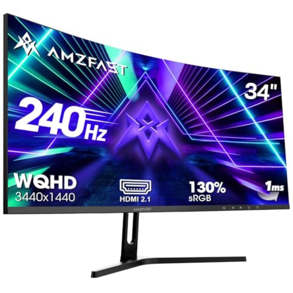 Amzfast 34 Zoll Curved Gaming Monitor, 3440×1440 UWQHD, 240Hz, 21:9 VA Panel, 1500R, 1ms MPRT, Adaptive Sync, HDR, DCI-P3 98%, sRGB 130%, Pip/PBP, HDMI2.1 & DP1.4, VESA 75x75mm, AMZG34C5Q Pro