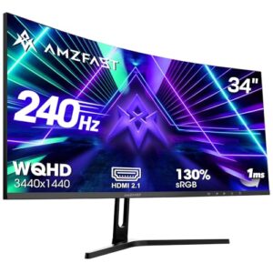 Amzfast 34 Zoll Curved Gaming Monitor, 3440×1440 UWQHD, 240Hz, 21:9 VA Panel, 1500R, 1ms MPRT, Adaptive Sync, HDR, DCI-P3 98%, sRGB 130%, Pip/PBP, HDMI2.1 & DP1.4, VESA 75x75mm, AMZG34C5Q Pro