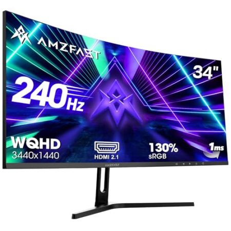 Amzfast 34 Zoll Curved Gaming Monitor, 3440×1440 UWQHD, 240Hz, 21:9 VA Panel, 1500R, 1ms MPRT, Adaptive Sync, HDR, DCI-P3 98%, sRGB 130%, Pip/PBP, HDMI2.1 & DP1.4, VESA 75x75mm, AMZG34C5Q Pro