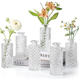 ComSaf Vase Klein Set 6-Teilig, Blumenvase, Vasen Deko Set, Kleine Glasvasen für Tischdeko, Mini Vasen Glas, Hochzeitsdeko, Diamant Knospenvasen, Teelichtgläser, 13cm Hoch, Transparent
