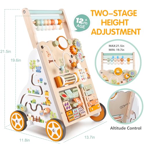Baby Holz Lauflernwagen mit Rädern – Montessori Lauflernspielzeug für Mädchen & Jungen ab 1 Jahr – Schiebewagen mit Aktivitätscenter, Verstellbarer Lernspielzeug für Kleinkinder (Natürliche) – Bild 4