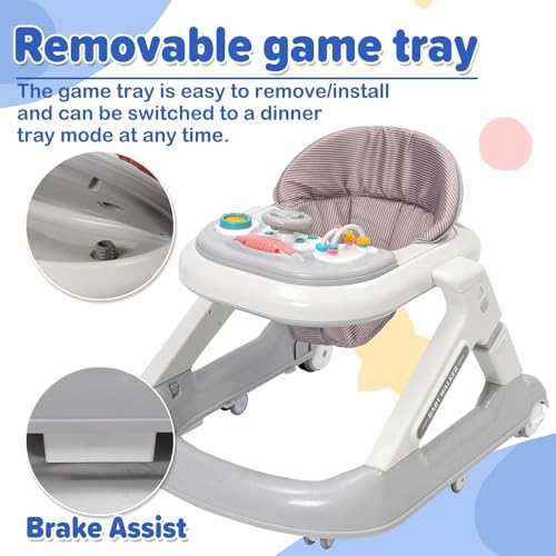 5 in 1 Lauflernhilfe,2-stufige Höhenverstellung,5-stufige Sitzverstellung,mit Abnehmbarem Tablett und Musik,360°-Drehrollen mit Bremsen,Baby Walker ab 6 Monaten Geeignet – Bild 5
