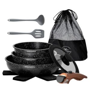 DishDelight Topfset Abnehmbarer Griff Kochtopf Set Beschichteter Induktion Töpfe Set Pfannenset 10-teilige Granit Antihaft Topf und Pfannen Cookware Bratpfanne mit Glasdeckeln