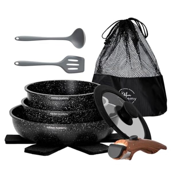 DishDelight Topfset Abnehmbarer Griff Kochtopf Set Beschichteter Induktion Töpfe Set Pfannenset 10-teilige Granit Antihaft Topf und Pfannen Cookware Bratpfanne mit Glasdeckeln