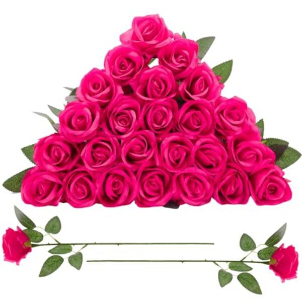 Xialvyu 24 Stücke Künstliche Rosen,51 * 7cm Gefälschte Seidenrose, Realistische Kunstrosen für Hochzeitsdeko Bouquet Blumenarrangements Garten Decor(Rosenrot)