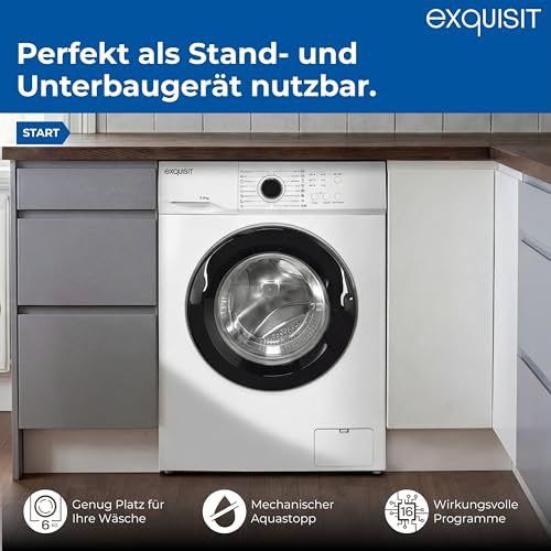 Exquisit Waschmaschine, 6 kg Fassungsvermögen, energieeffizienter Betrieb, 16 Programme, einfache Bedienung, kompakte Bauweise, WA56110-020A weiss – Bild 4
