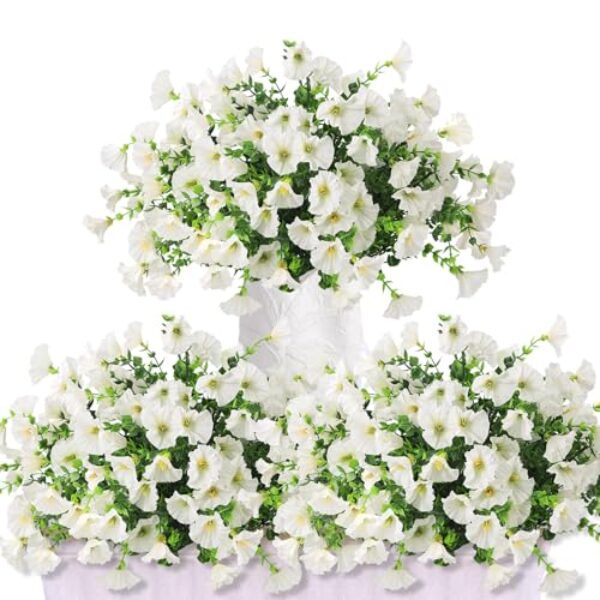 XIMISHOP 8 Bündel Künstliche Blumen,Kunstblumen Pflanzgefäß UV-beständig Balkonpflanzen Plastik Blumen Dekoration Für Innen Outdoor Balkon Garten(Weiß)