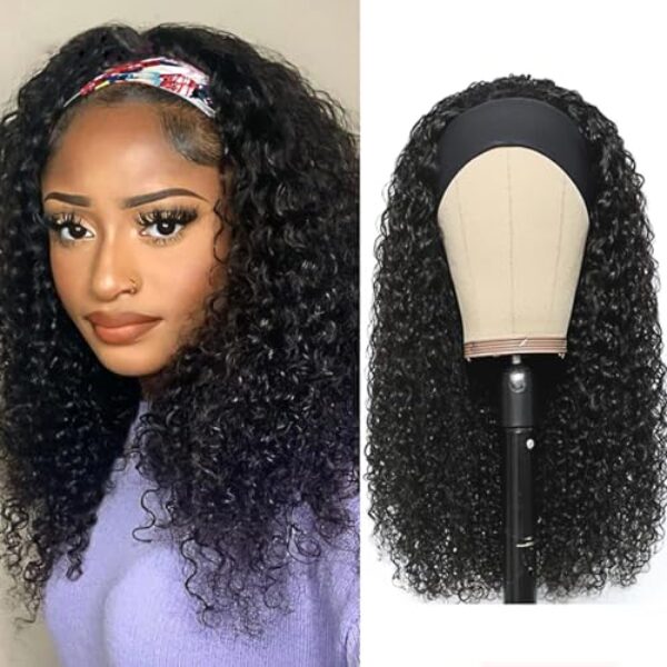 XSY Stirnband-Perücke, Echthaar, tiefe Wellen, 40,6 cm, klebefrei, ohne Lace-Front, Echthaar, für schwarze Frauen, 150% Dichte, lockiges Haar, natürliche Farbe