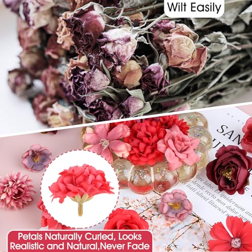 40 Stück Kunstblumen Blumenköpfe, Kunstblumen Zum Basteln mit 10 Stile, Künstliche Blumen Deko Klein Seidenblumen, Fake Flowers Blumen für Hochzeit Home DIY Crafts Scrapbooking, Rot Burgunderrot – Bild 5