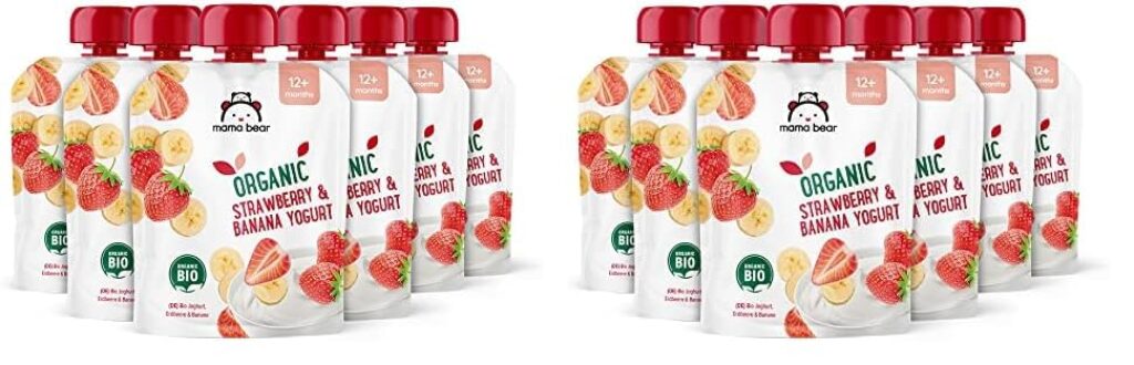 Amazon-Marke: Mama Bear Bio Zubereitung aus Joghurterzeugnis, Erdbeere, Banane und Joghurt, Vegetarian, 90g (6er-Pack) (Packung mit 2)