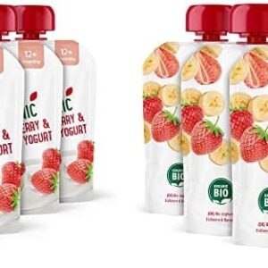 Amazon-Marke: Mama Bear Bio Zubereitung aus Joghurterzeugnis, Erdbeere, Banane und Joghurt, Vegetarian, 90g (6er-Pack) (Packung mit 2)