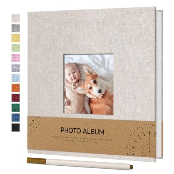 Vienrose Fotoalbum Selbstklebend Einkleben 10×15 Klein Leinen Photo Album mit 40 Weißen Seiten, Hochzeit Jahrestag Geburtstag Fotoalben mit Einem Kugelschreiber, 17x18cm, Beige