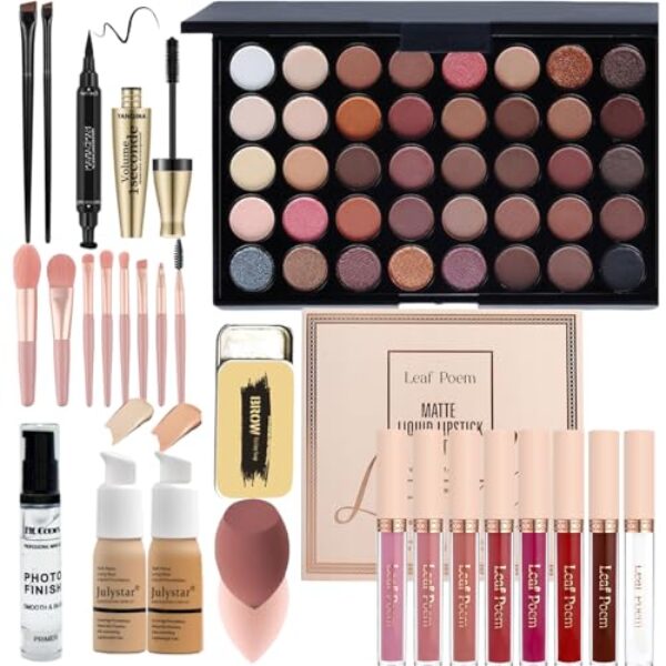 All in One Make-up-Set für Damen, 40 Farben, Lidschatten, Lipgloss, Mascara, Eyeliner-Stempel und Augenbrauenseife, Schwamm