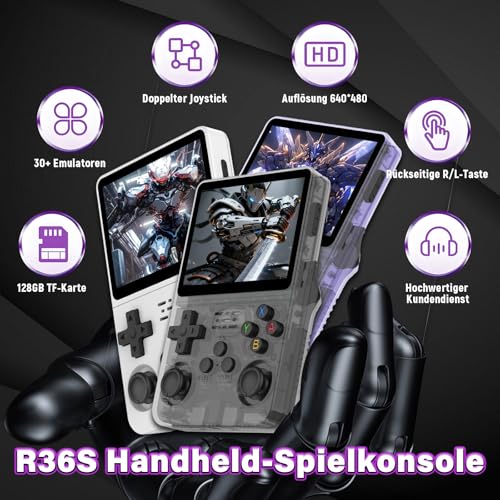 XIXIMENG R36S Retro Handheld Spielkonsole für unterwegs,40000+ Spiele Retro Konsole,21 Emulatoren,ARKOS Open Source Linux System,3,5 Zoll IPS Bildschirm 640x480P,3500mAh (Transparent Violett) – Bild 3