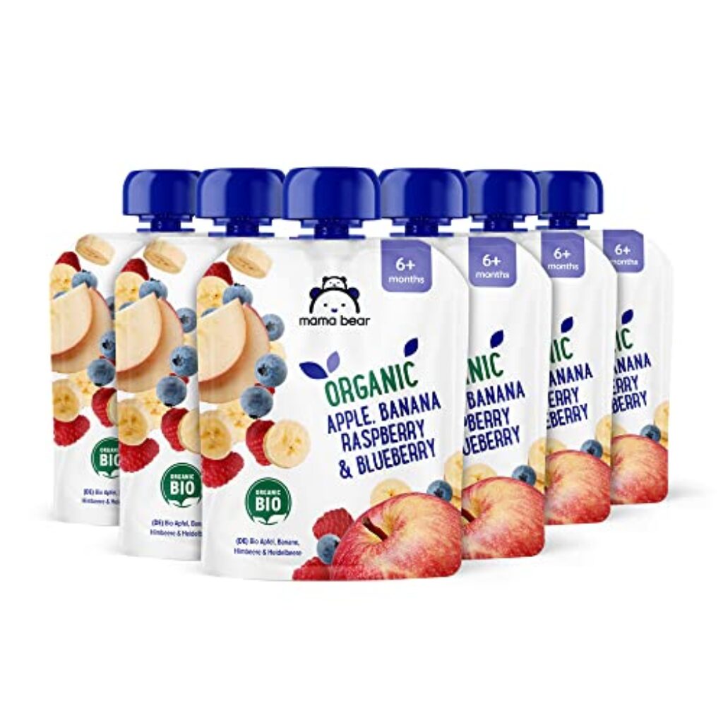 Amazon-Marke: Mama Bear Quetschie Bio Apfel, Banane, Heidelbeere und Himbeere, vegetarisch, 90g (6er-Pack)