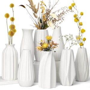 HengLiSam Keramik Vase Deko Satz von 8, Weiße Matte Vasen für Moderne Home Decor, Kleine Blumenvasen für Pampasgras, Trockenblumen, Boho Skandinavische Dekorationsvasen für Wohnzimmer, Hochzeitstisch