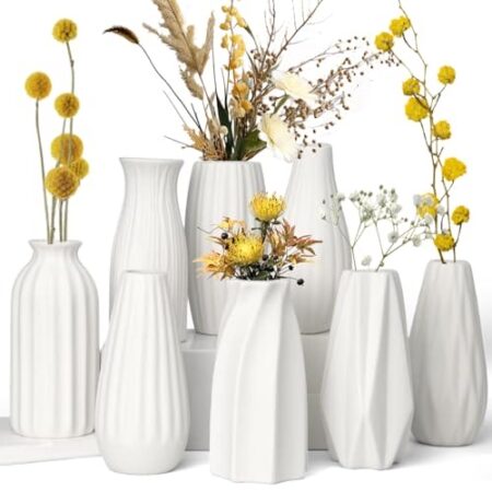 HengLiSam Keramik Vase Deko Satz von 8, Weiße Matte Vasen für Moderne Home Decor, Kleine Blumenvasen für Pampasgras, Trockenblumen, Boho Skandinavische Dekorationsvasen für Wohnzimmer, Hochzeitstisch