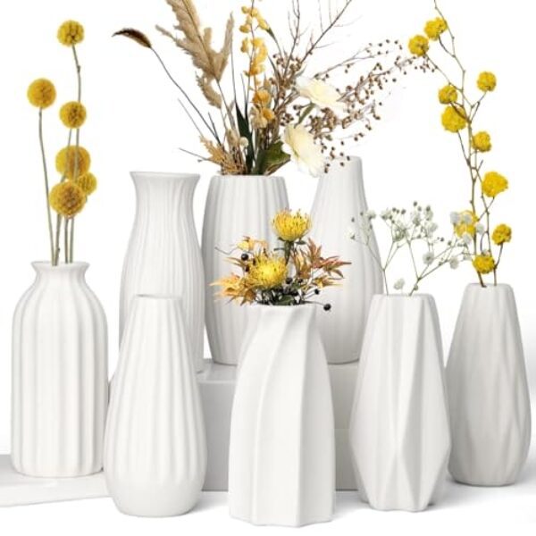 HengLiSam Keramik Vase Deko Satz von 8, Weiße Matte Vasen für Moderne Home Decor, Kleine Blumenvasen für Pampasgras, Trockenblumen, Boho Skandinavische Dekorationsvasen für Wohnzimmer, Hochzeitstisch