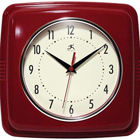 Infinity Instruments, quadratische, stille Retro-Wanduhr, 22,9 cm, Mitte des Jahrhunderts, Moderne Küche, Esszimmer, Retro-Wanduhr, Quarz-Uhrwerk, (Rot)