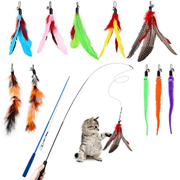 Hianjoo Katzenspielzeug Katze Toys 12 Stück, Interaktives Katzenspielzeug Feder mit 2 STK Versenkbare Katzenangel Ersatz und 10 STK Feder Spielzeug mit Glocken
